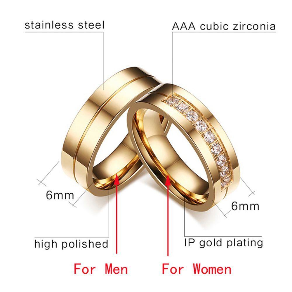 Cubic Zirconia AAA CZ Golden Silver 18K Gold Plated Stainless Steel Wedding Band Ring Couples Ring