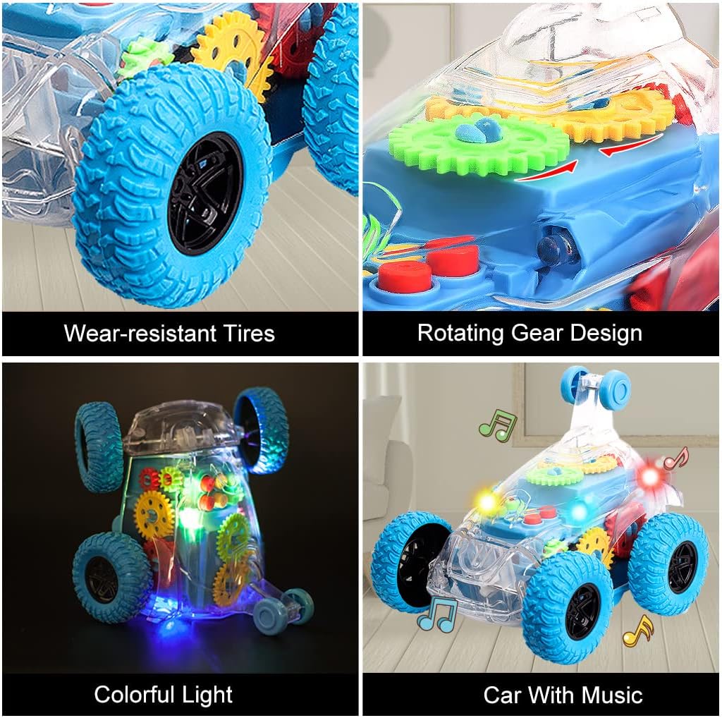 360° Rotating Gear Stunt Car with LED Lights Music, Transparent Electric Tumbling Toy Car Kids Birthday Gift