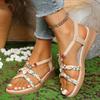 Модные богемные сандалии на танкетке с принтом для женщин, эластичная лента, бисерный декор, римские сандалии женские 2025 лето, удобные, нескользящие пляжные туфли