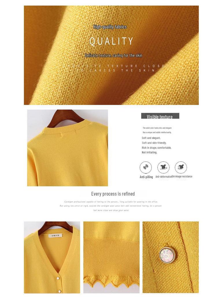 Женский трикотажный кардиган в корейском стиле с завышенной талией — длинный рукав, кружевная отделка, короткая длина.