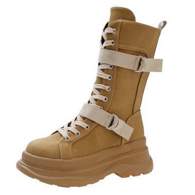 Модные Женские Ботинки До Середины Икры Высокого Качества Холщовые Ботинки с Круглым Носком и Средним Каблуком для Женщин Модные Ботинки на Платформе на Шнуровке и Молнии Botas Mujer 2025