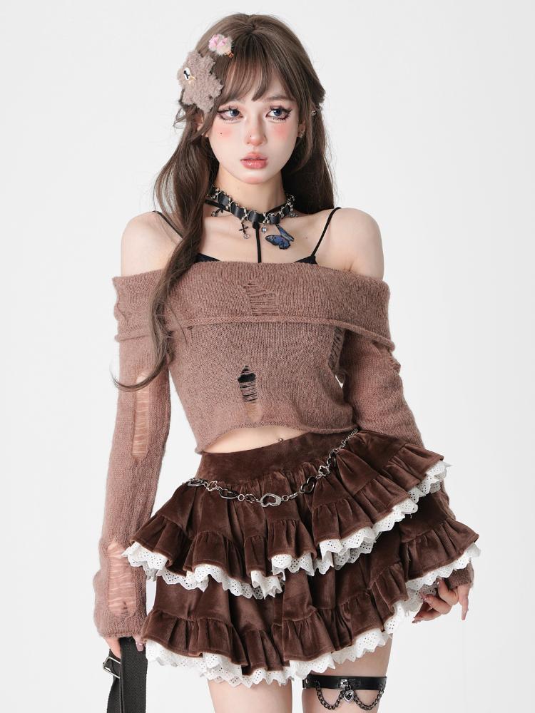 Коричневая вельветовая мини-юбка, милая, милая женская юбка-тортик, с рюшами и строчкой по краю, Лолита, готика, Y2K, American Spicy Girl