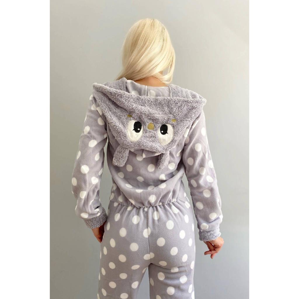 Серый женский флисовый плюшевый комбинезон с рисунком в горошек, пижама
