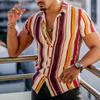 New Men's Shirts Fashion Stripes Print Short-sleeved Tees Summer Tops Men Turn-down Collar Button Casual T-shirt Clothing