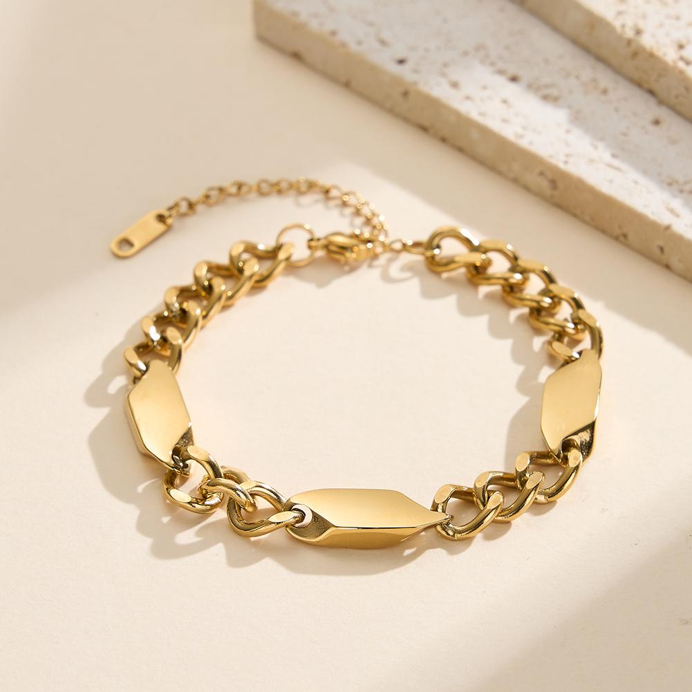 Oval Flat Plate Curb Chain Bracelet for Women Gold Plated 304 Stainless Steel Perfect Polished Handmade Wrist Jewelry