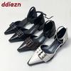 Fashion Fashion Pointed Toe Women 4cm Square Heels Pumps Shoes Shallow Female Buckle Footwear Ankle Strap Ladies Medium Heels Shoes