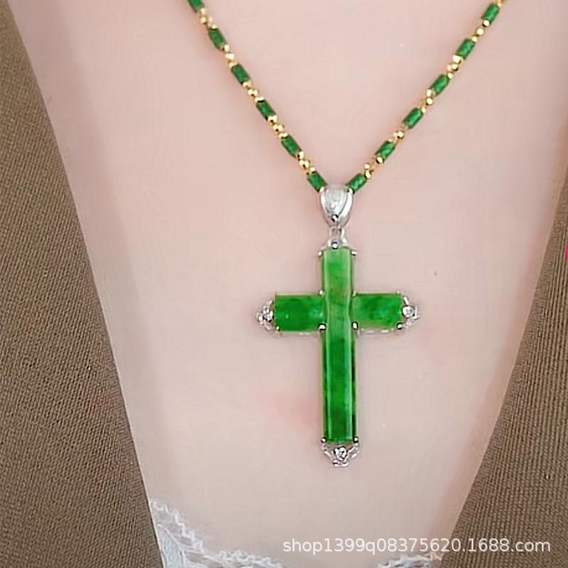 2023 Imitation Jade & Diamond Cross Pendant Necklace, Green Gold-Plated