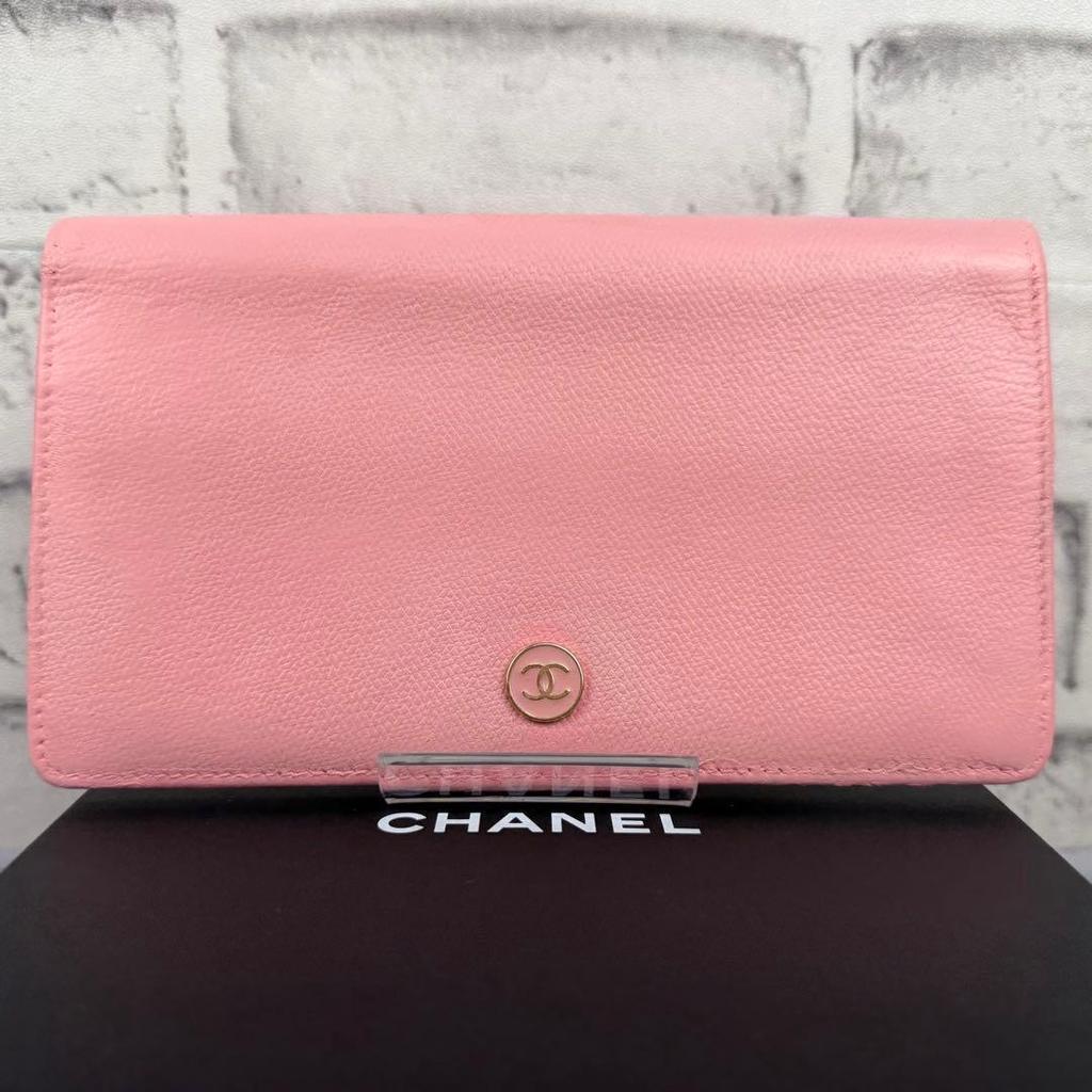 Used Rare CHANEL Chanel Long Wallet Coco Button Leather 9 Series Serial Number Included