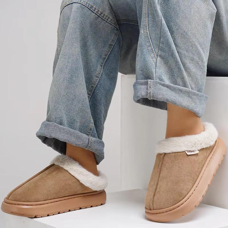 Memory Foam Fuzzy Slippers for Women Platform EVA Sole Warm Faux Fur Lined Suede Short Ankle Boots House Slippers for Woman Anti-Slip Boot