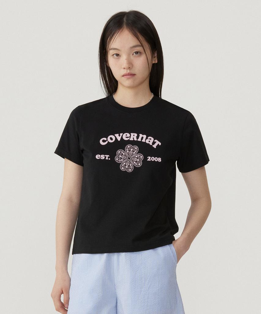 COVERNAT WOMAN Regular Fit Arch Clover Heart T-Shirt Black