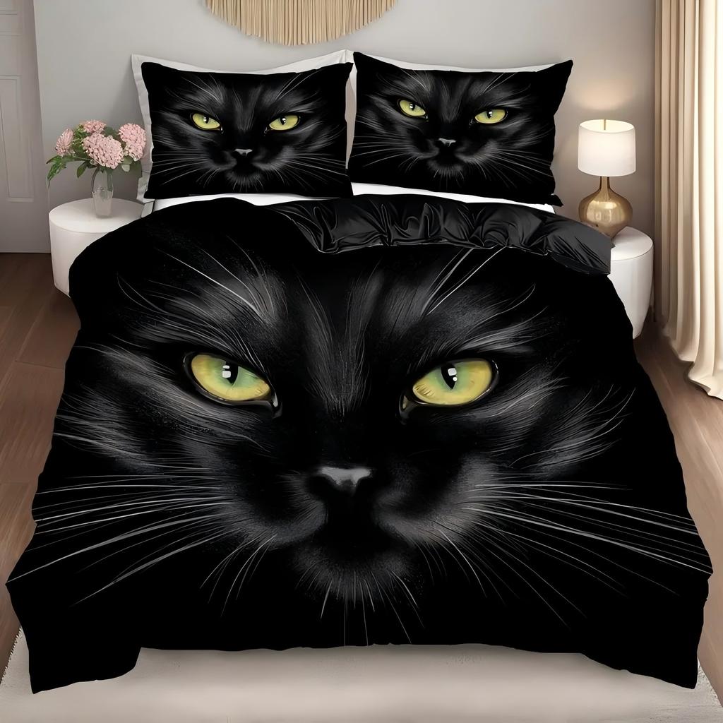 Cartoon Black Cat Pupil 3D Printed Bedding Set Cute Animal Style Luxury Duvet Cover Soft Comfortable Home Polyester Quilt Cover