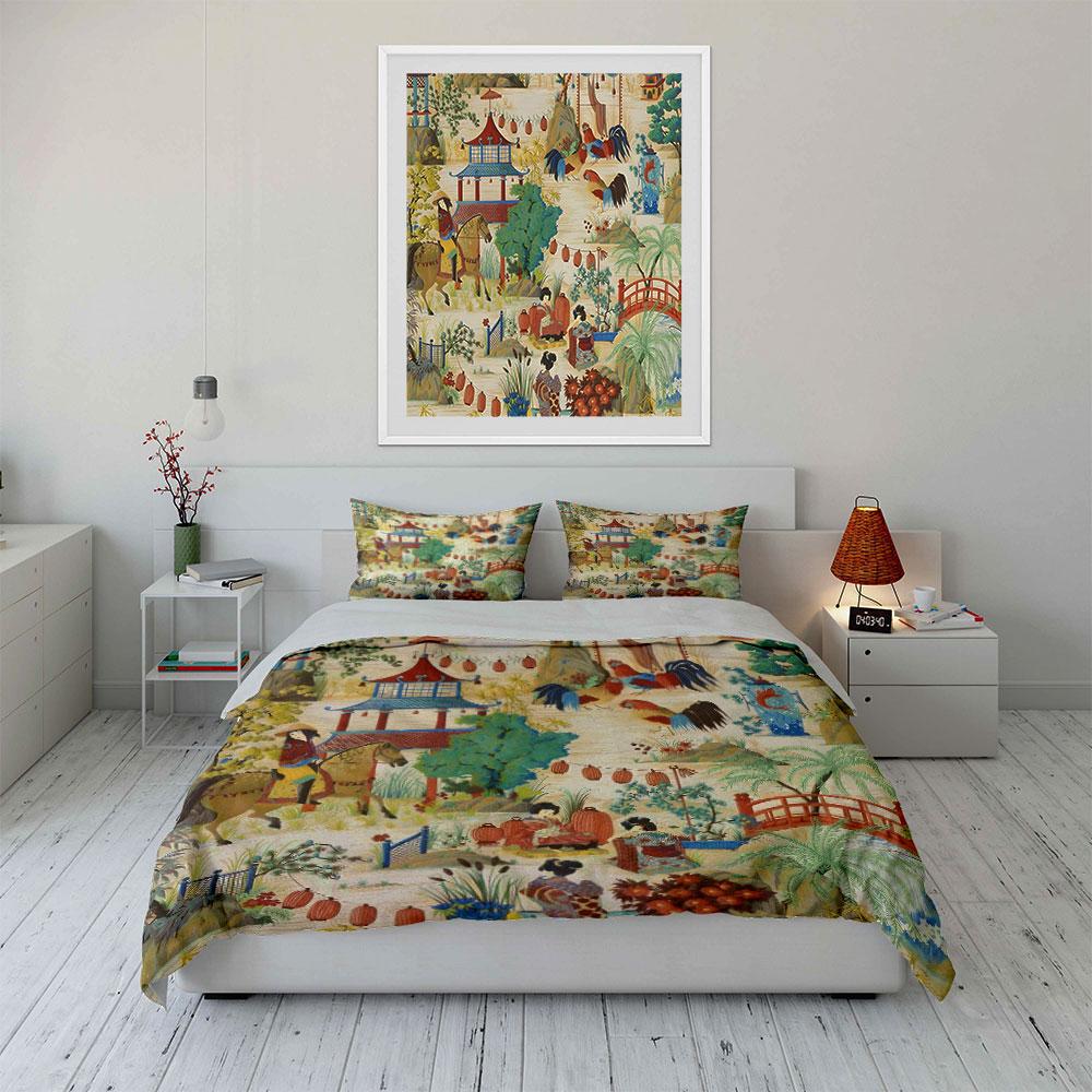 Oriental Chinese Chinoiserie Landscape Bedding Set,1 Duvet Cover 2 Pillowcase,Vintage Bed Linen For Asian Style Home Decor,Gift