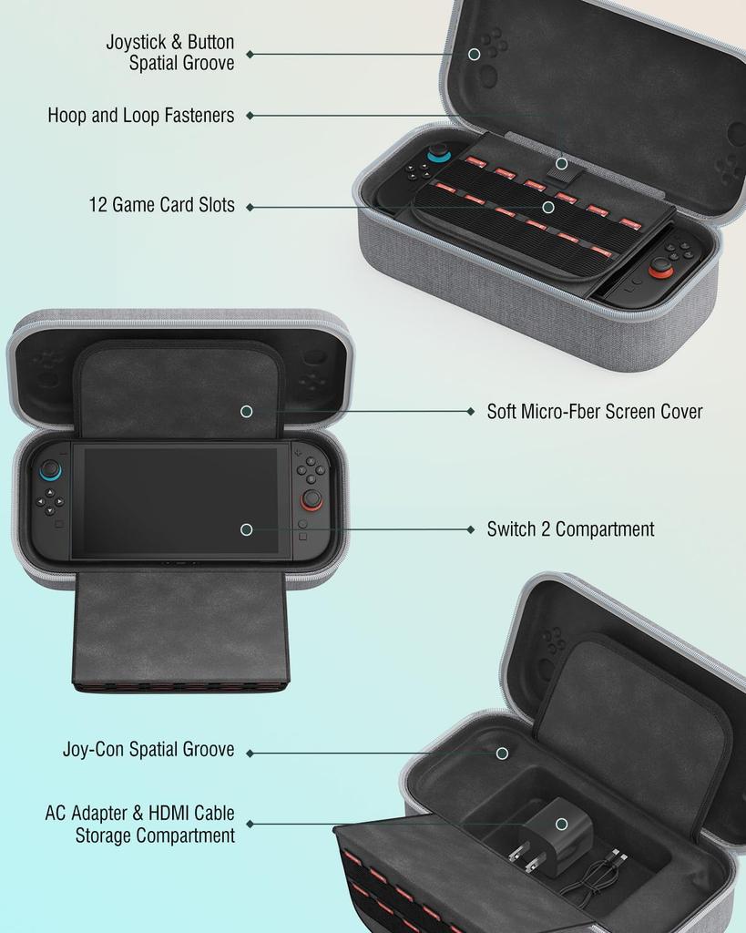 OLCLSS Чехол для переноски Nintendo Switch 2 с восемью силиконовыми колпачками-фиксаторами и двумя усиленными держателями 10H. Вмещает до 12 игр и легко переносится.
