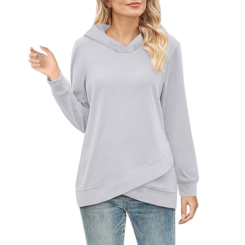 Women's  Fashion Solid Color Hoodie Long Sleeved  Cross Hem Sweatshirt  Top