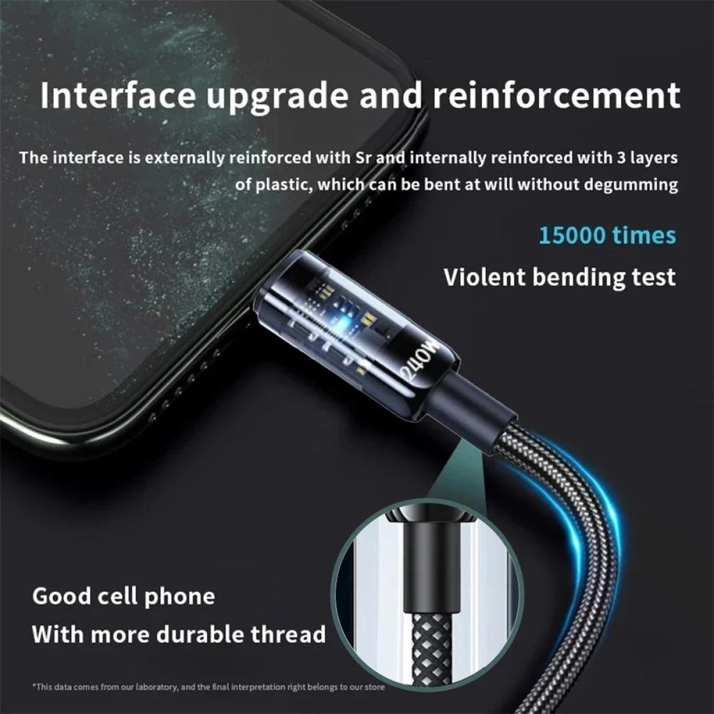 USB A к Type C 240 Вт PD прозрачный кабель для быстрой зарядки шнур передачи данных для телефонов Mi Huawei Samsung Android USB C зарядный провод