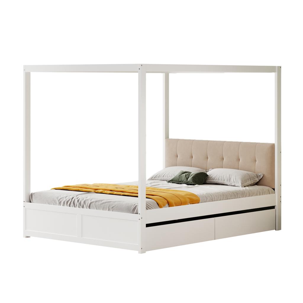 Canopy Bed 140*200 cm with Large Drawers and Soft Backrest, Wood Bed White