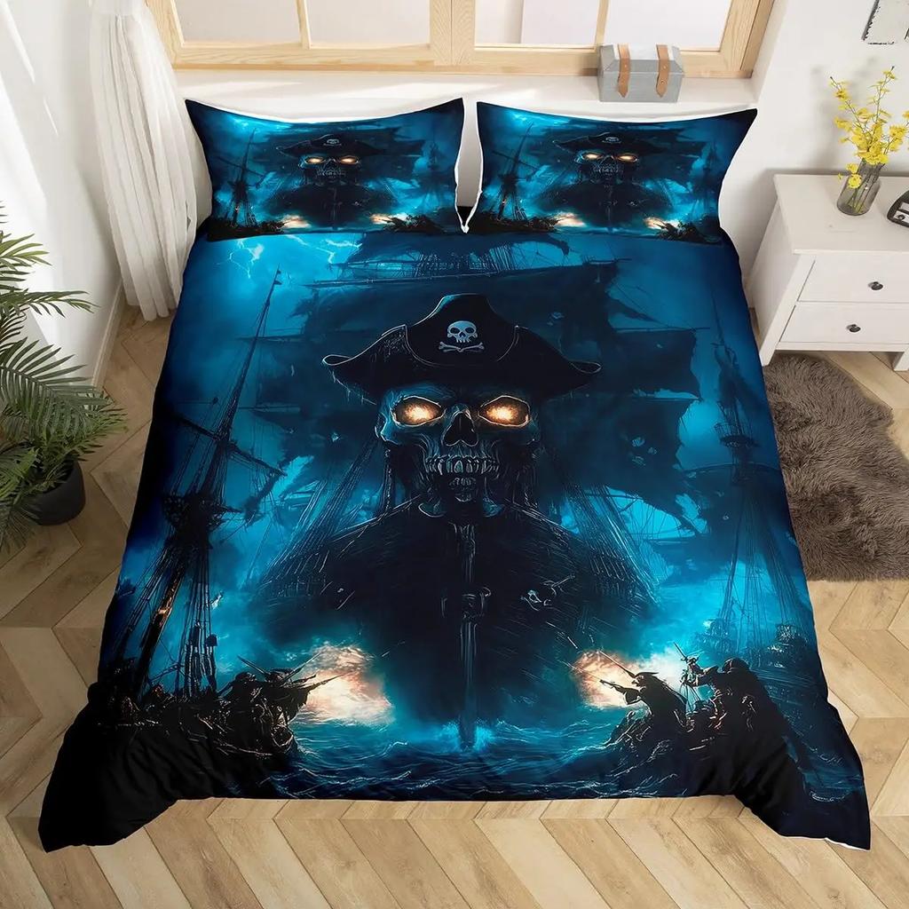 Комплекты пододеяльников с пиратским черепом для мальчиков, детей, мужчин, подростков, размера «queen», легкие комплекты постельного белья, морской комплект постельного белья, декор для спальни, без одеяла