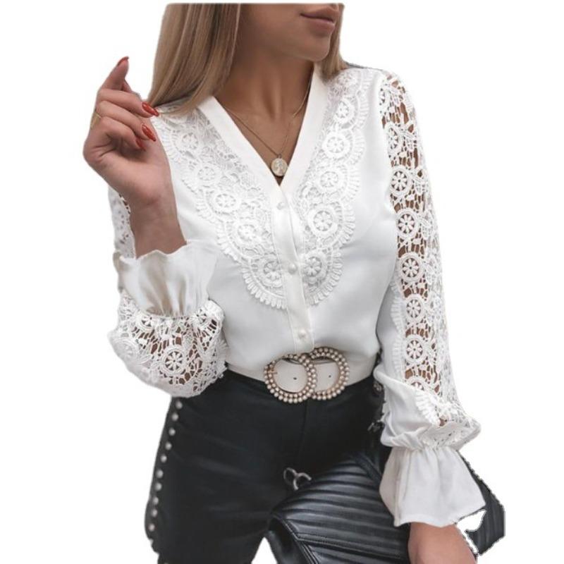 YYFS Женские модные повседневные летние весенние однотонные блузки и рубашки с воротником-стойкой и длинными рукавами с кружевным принтом