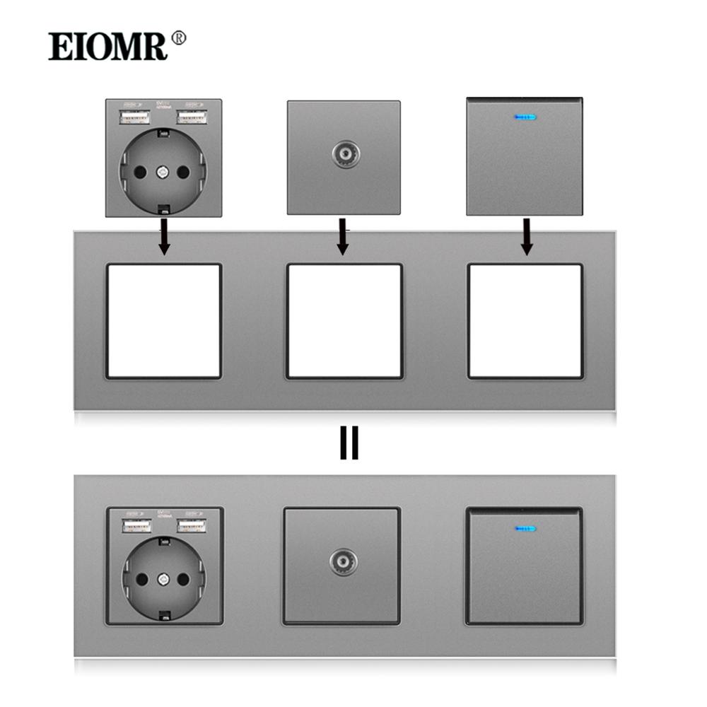 EIOMR A6 Series Grey Flame Retardant PC Panel Wall Switch EU Socket HDMI-compatible USB Type-C 2.1A Charger TV RJ45 Module DIY