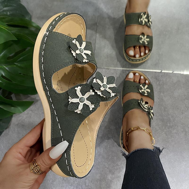 2025 summer new foreign trade platform slippers sewing line round head flower decoration casual slippers women's shoes platform