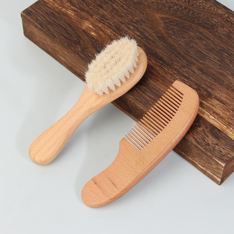 Cross-Border Soft Wool Brush with Beech Handle Hair Comb Set for Baby Care Perfect Bath Shampoo Tool for Children