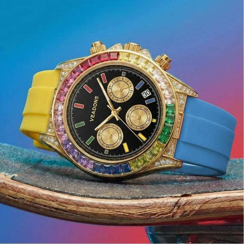 Colorful Rainbow Crystal Bezel Chronograph Watch Men Casual Sport Quartz Wristwatch with Date Function