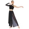 Womens Rhinestone Lyrical Outfit Asymmetrical Long Sleeve Crop Top Loose Irregular Overlay Pants