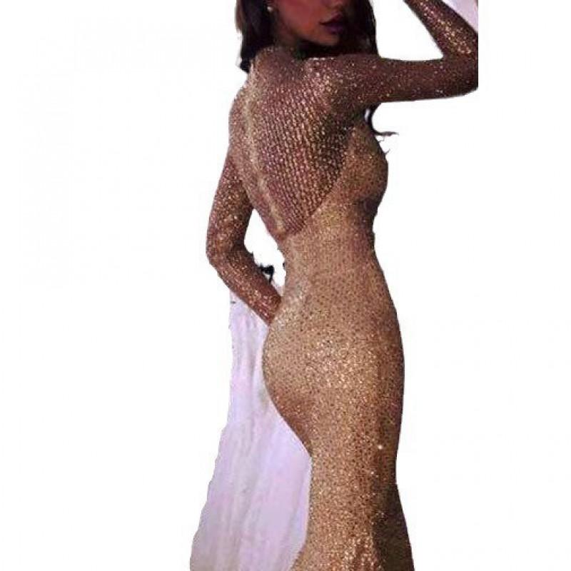 Elegant Long Sleeve Satin Maxi Dress With Gold Foil Sheer Detail Fish Tail Gown Women 2025