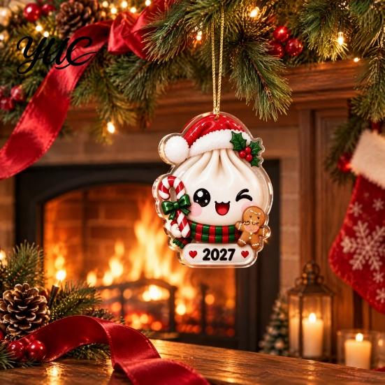 Holiday Atmosphere Decorations 2027 Christmas Bun Ornament, 2D Flat Acrylic Steamed Pendant Reusable Festival Ornaments with Hanging String
