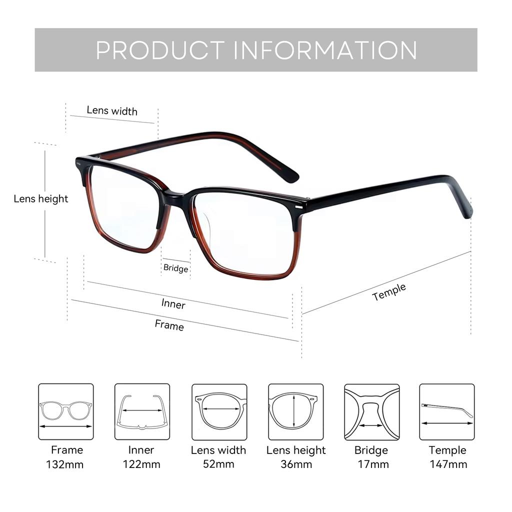 ZENOTTIC Fashion Rectangle Prescription Eyeglasses Acetate Progressive Optical Glasses for Men Anti-Blu-ray Myopia Eyewear