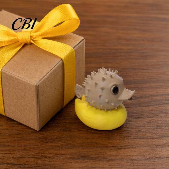 Creative Puffer Fish Duck 3D Printed Pufferfish Figurine, Cute Desk Decor, Mini Cartoon Animal Ornament with Bumpy Decoration Texture, Brown-Yellow