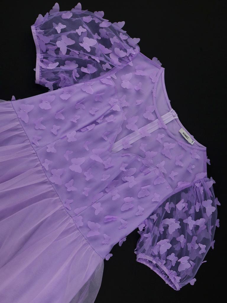 AOMEI Lavender Butterfly Dresses for Women O Neck Short Puff Sleeve Lovely Birthday Party Ball Gowns