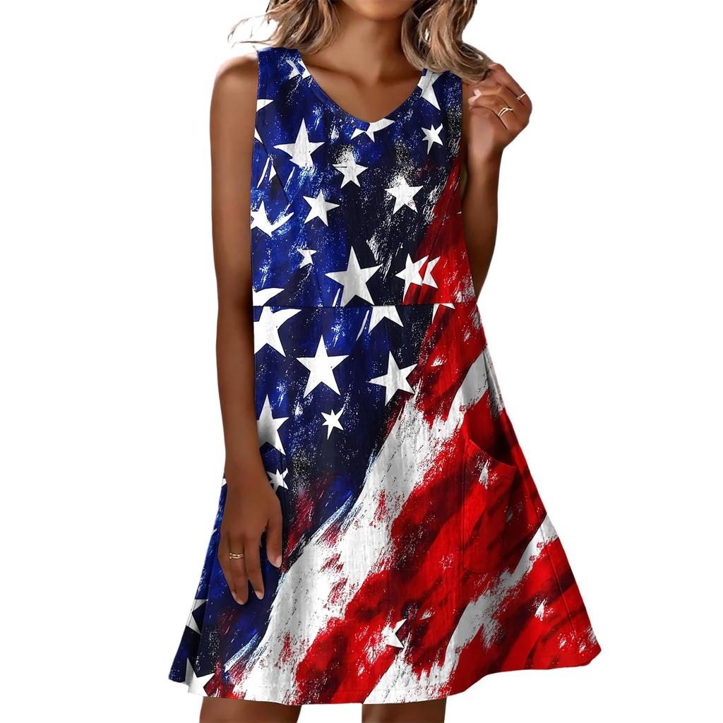 Flag Dress Sleeveless Summer Casual Loose Fit Patriotic Dress for Women Comfortable 4Th Of July Dresses for Women with Print