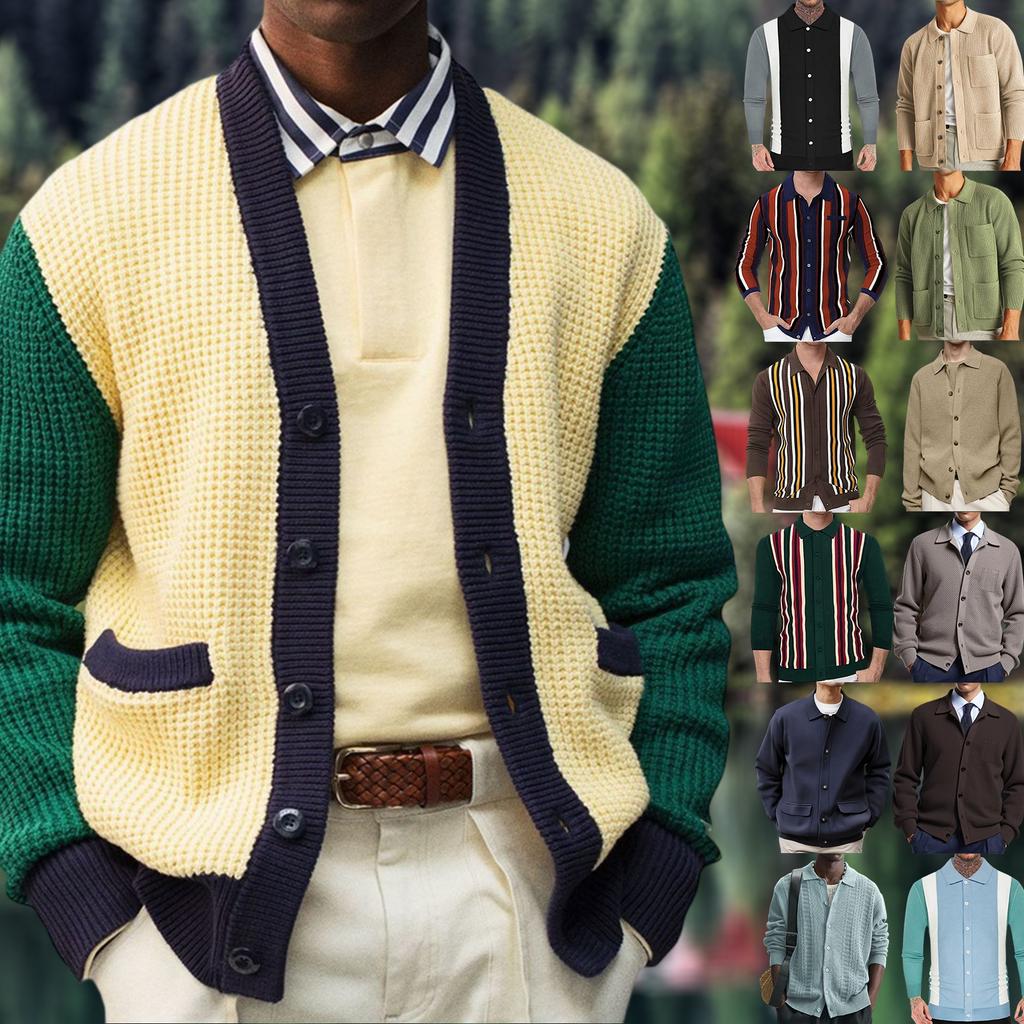 Мужской повседневный вязаный кардиган, цветной блок, свитер-пальто с V-образным вырезом