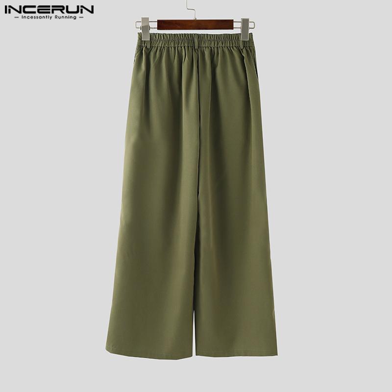 INCERUN Мужские брюки на молнии, эластичные, с высокой талией, повседневные длинные брюки с широкими штанинами