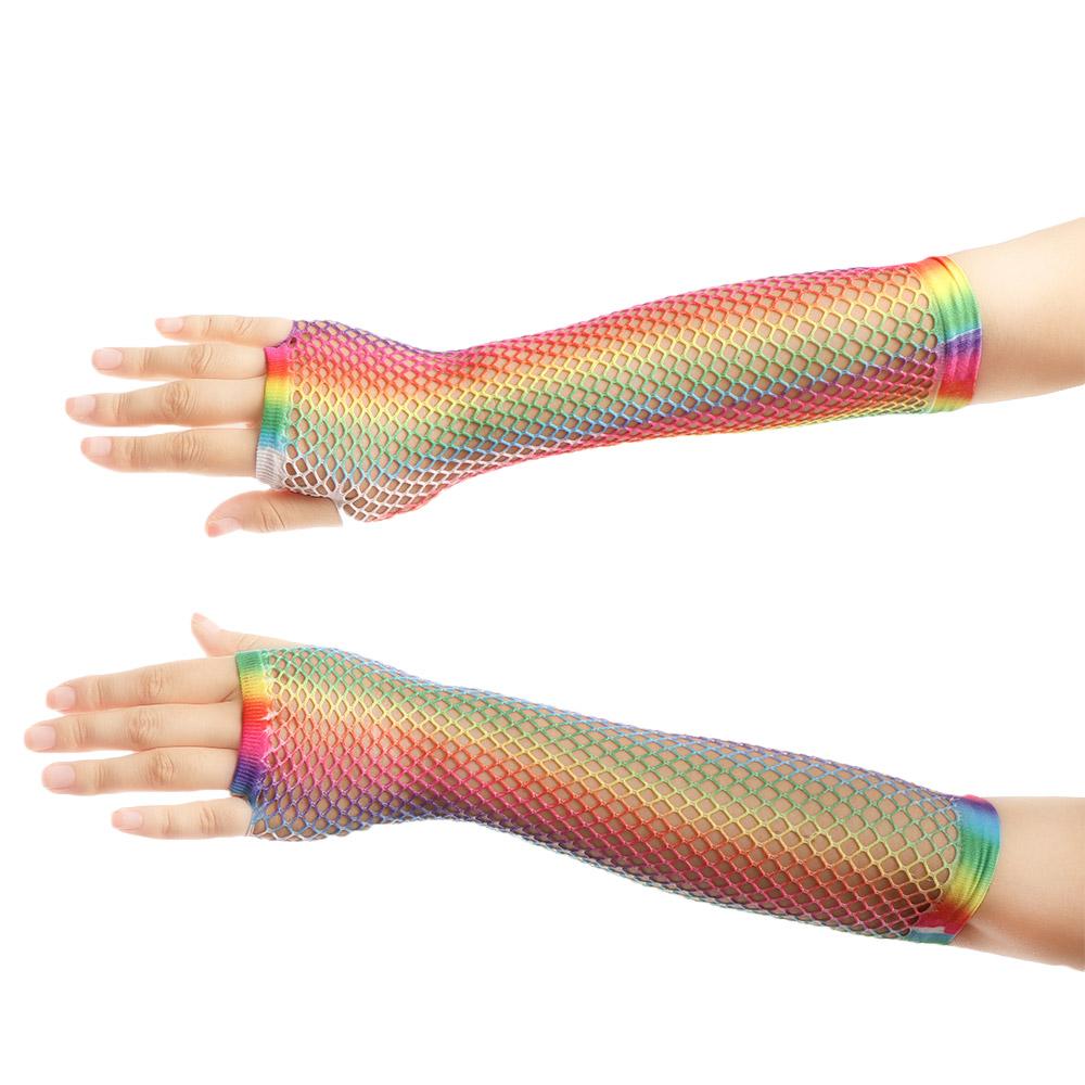 Wedding Party Costume Performance Rainbow Hollow Out Holes Gloves Disco Dance Fingerless Mesh Net