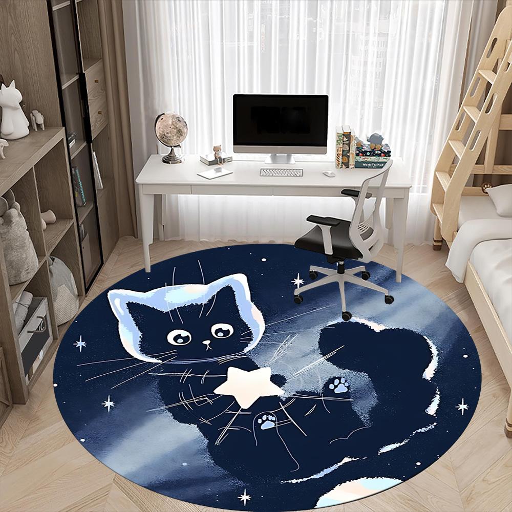 1pc Night Space Cat Office Round Area Rug, Mat Suitable ForOffice, Under Office Chairs Bedroom Living Room Home Decor, Room Deco
