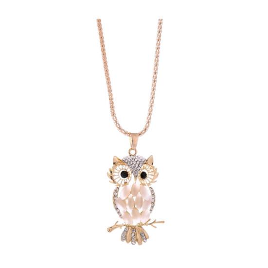 Owl Necklace Sweater Chain Faux Opal Rhinestone Decor Alloy Clothes Jewelry Dating Prom Party Garment Decoration Necklace