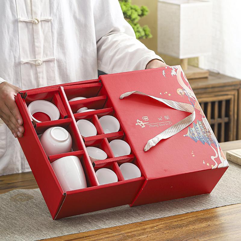 Dehua White Porcelain Kung Fu Tea Set Household Cover Bowl Gold-painted Guochao Gift Box