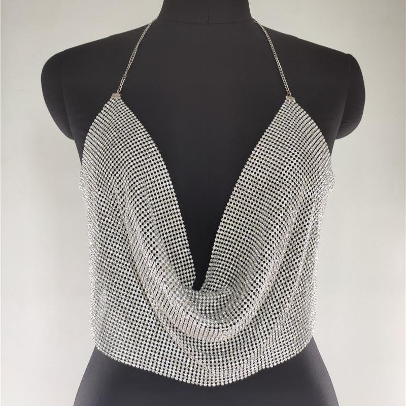 Ins Style, Nightclub Low Cut Backless Outfit, Sparkling Diamond, Chain Strap, Deep V-neck, Crop Top, Sexy Design