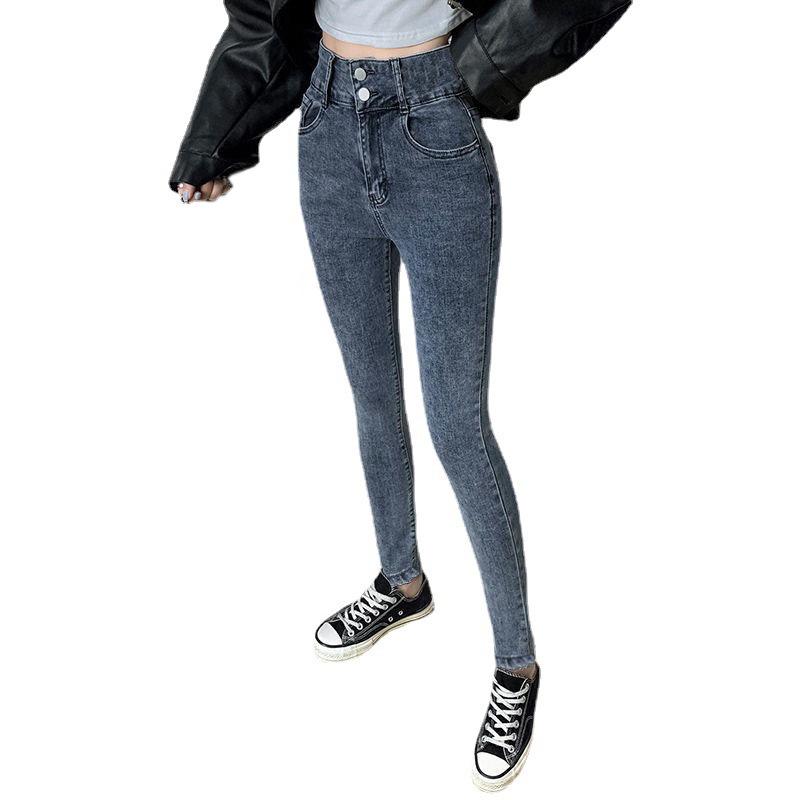 Женские узкие джинсы-карандаш с высокой талией и двумя пуговицами — осень 2021 г., корейский стиль