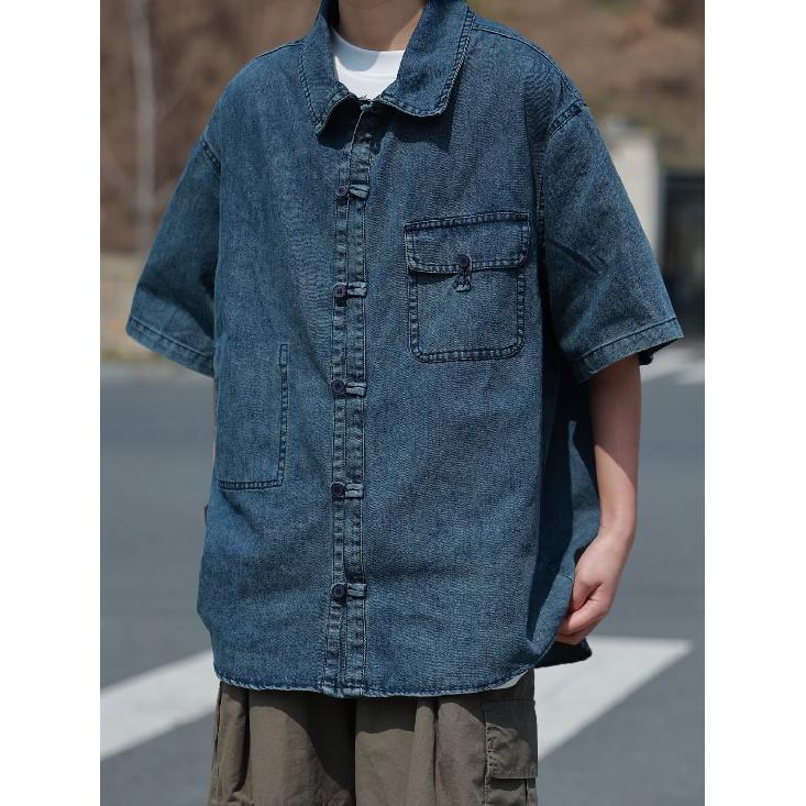 Летняя мужская новая стильная потертая джинсовая рубашка с короткими рукавами в стиле ретро, уличная модная рабочая одежда, рубашка в стиле милитари