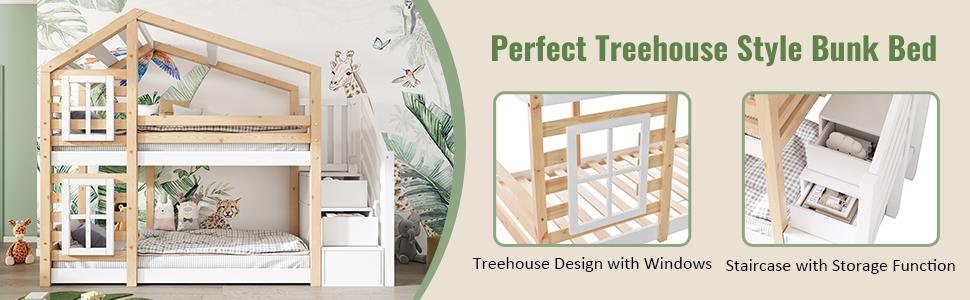 (=AB30604567W) Children's Treehouse 90 x 200 cm, Bunk Bed in Window, Storage and Fall Protection, Natural & White – 2x Slatted Base (Without Mattress)