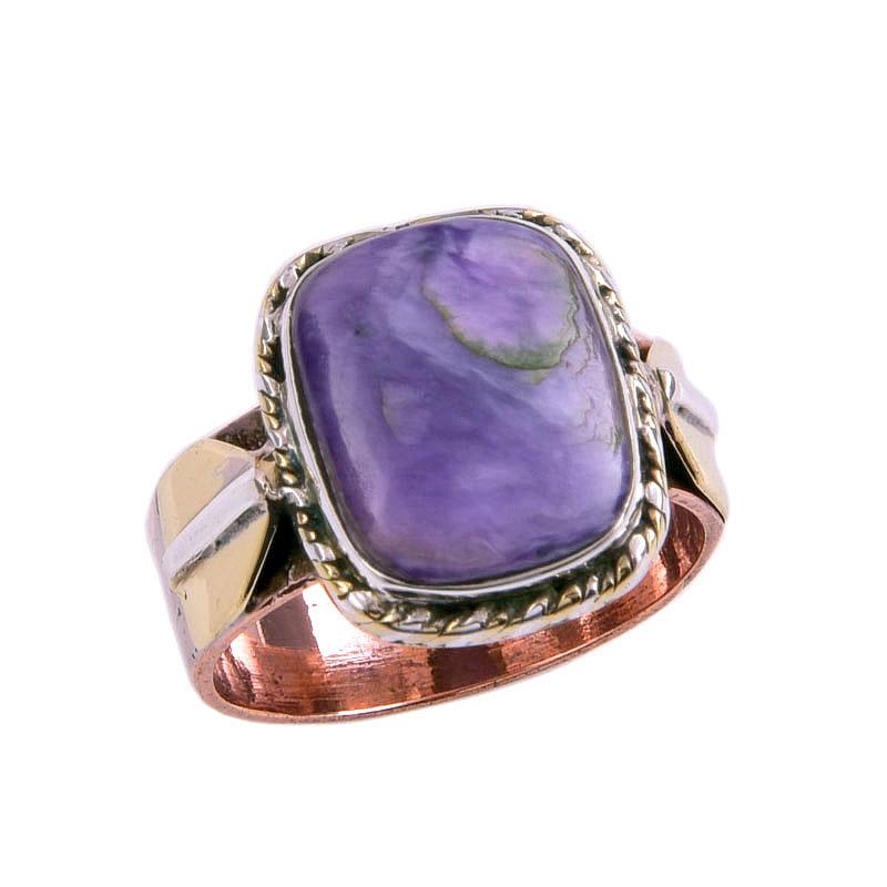 Кольцо из серебра 925 пробы с натуральным чароитом, двухцветное, размер 7 R6E56