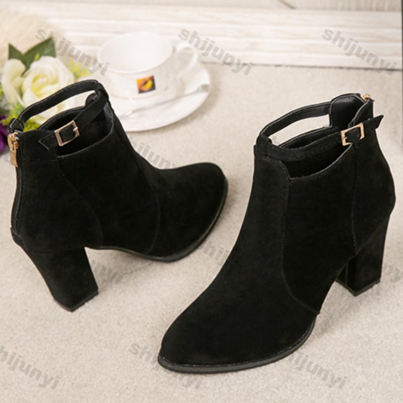 Women's Fashion Chunky Heel Ankle Boots Solid Color Back Zipper Booties Female Autumn Winter Comfortable High Heels Short Boots