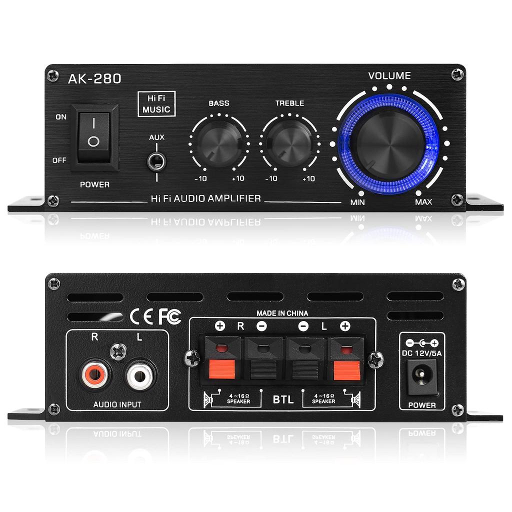 Nobsound Mini Stereo Amplifier 40W x Independent Treble Bass Adjustment Blue LED 2 & ±10dB, Car/Home Use, Ultra-Compact 155mm,