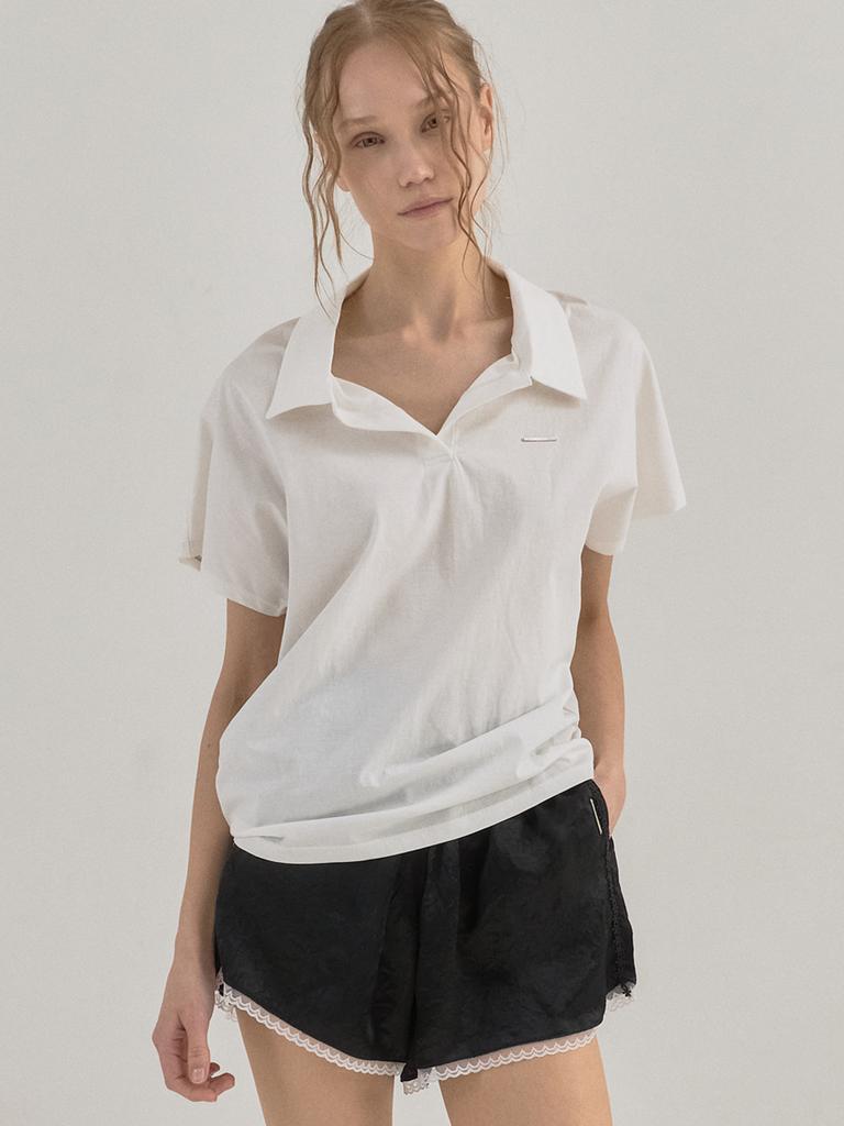 SORRY, TOO MUCH LOVE Relaxed Fit Open Placket Polo Top_White