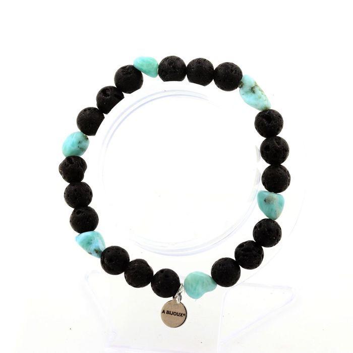 Stones and Minerals. Dominican Republic Larimar Bracelet + 8mm Lava Beads. Made In France.