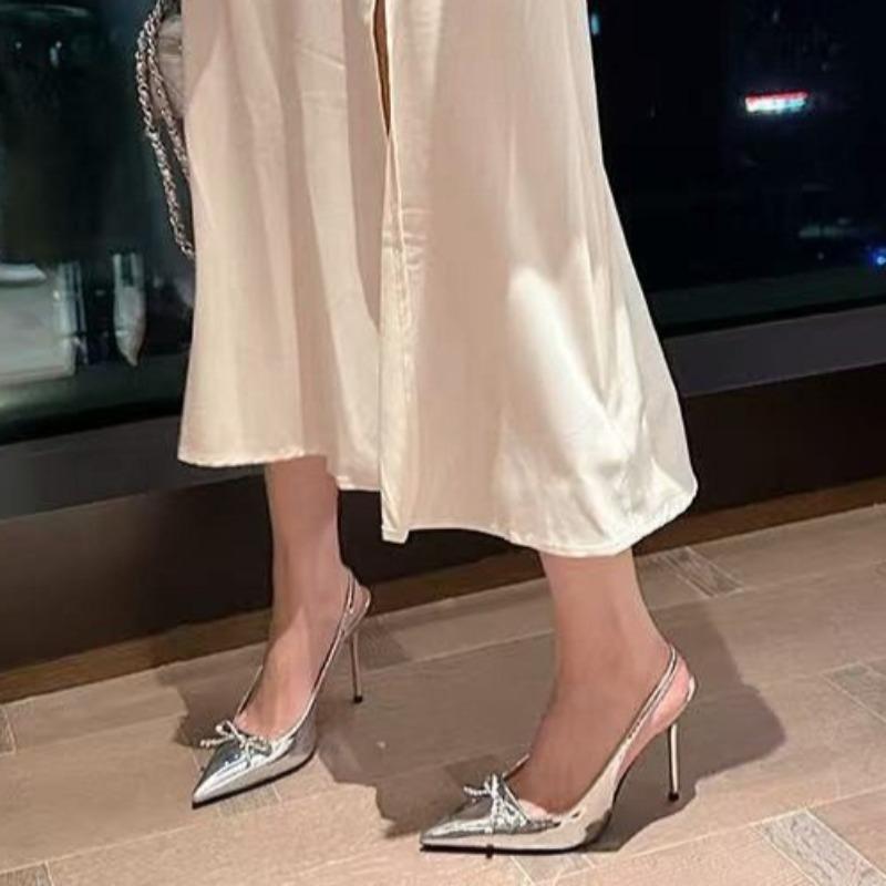 Летние Новые Босоножки Баотоу Женские Остроносые С Мелким Вырезом Стразы Бант-бабочка Противоскользящие Износостойкие Высокие Каблуки