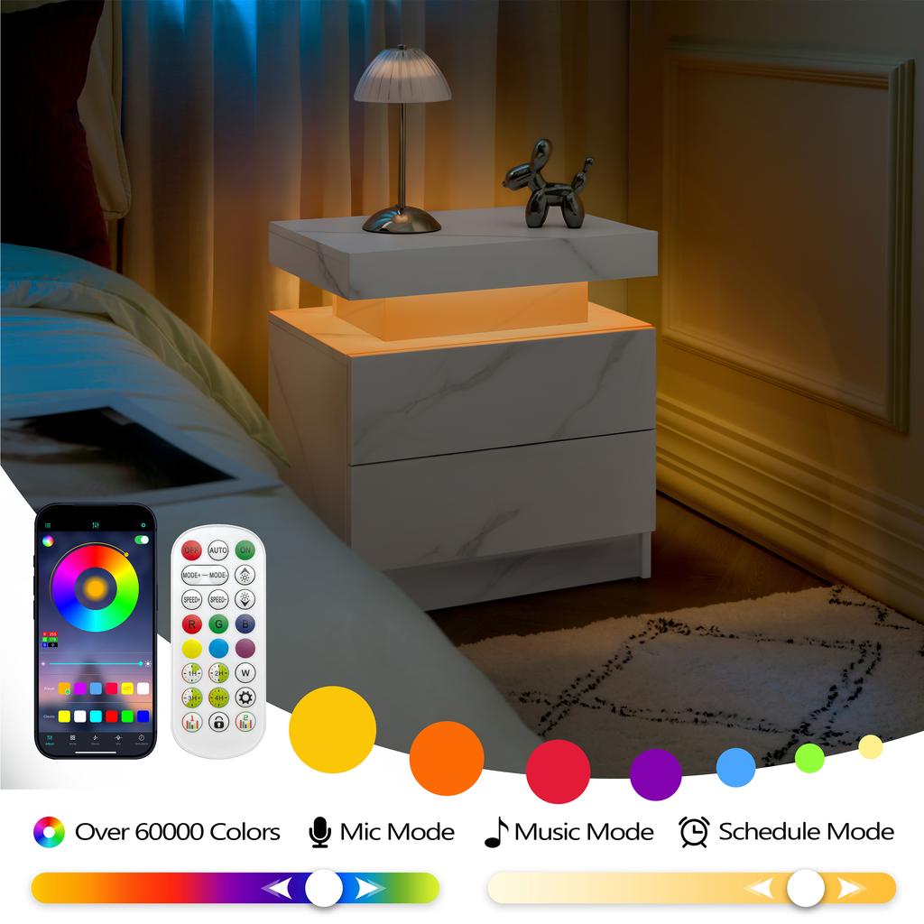 Nightstand LED Bedside Table Cabinet Lights Modern End Side with 2 Drawers for Bedroom (White Stone)